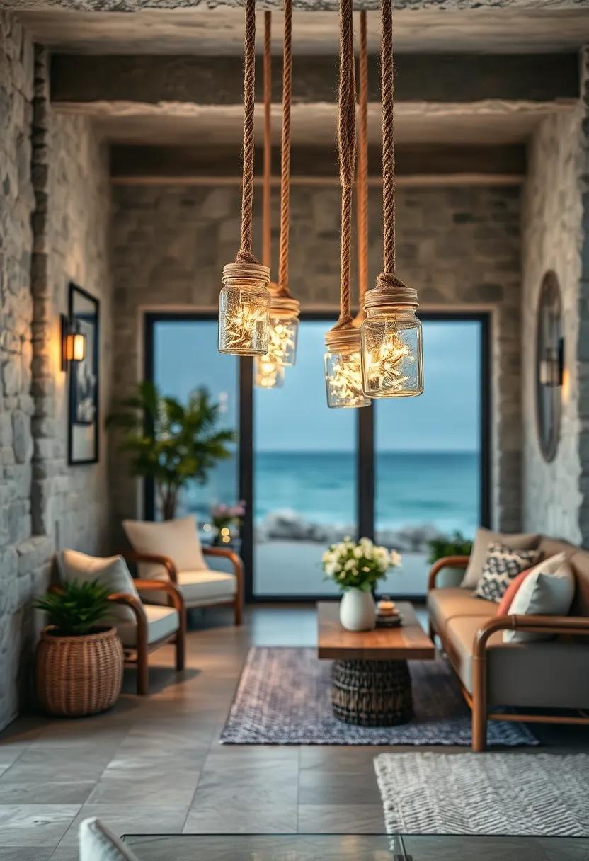 Glass Jars suspended by Rope: Fill with fairy lights to ⁤craft⁤ an enchanting coastal glow
