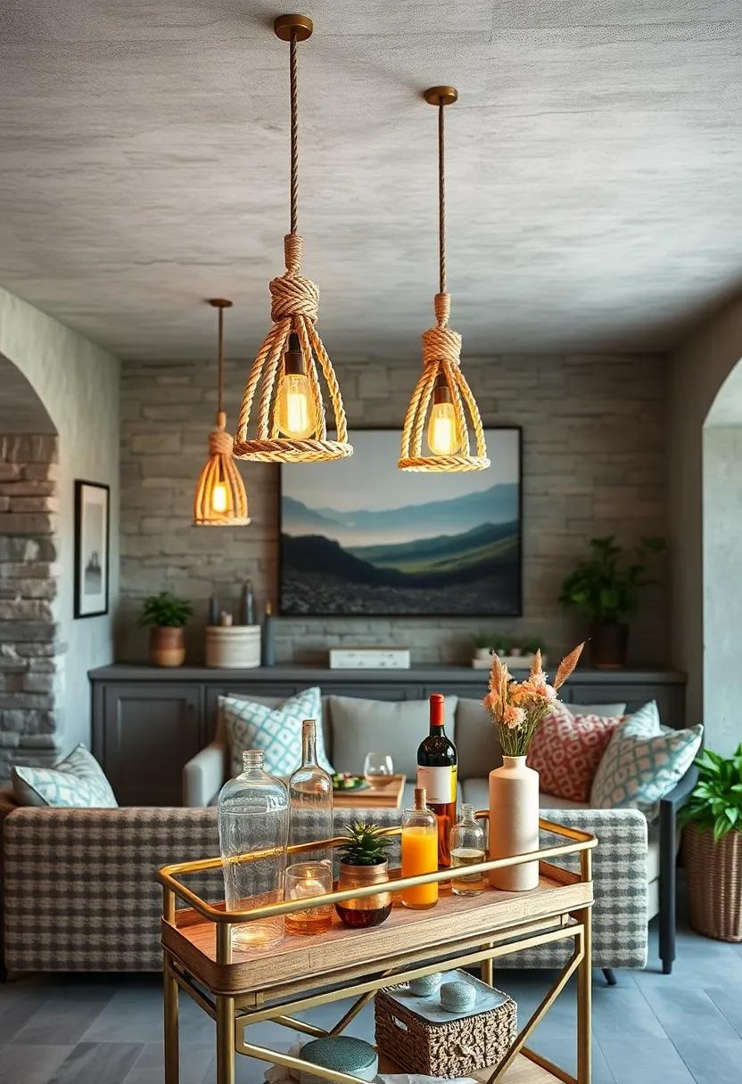 Rope-Wrapped Pendant Lights Over a Bar Cart: Perfect for entertaining with a ⁢coastal‌ flair