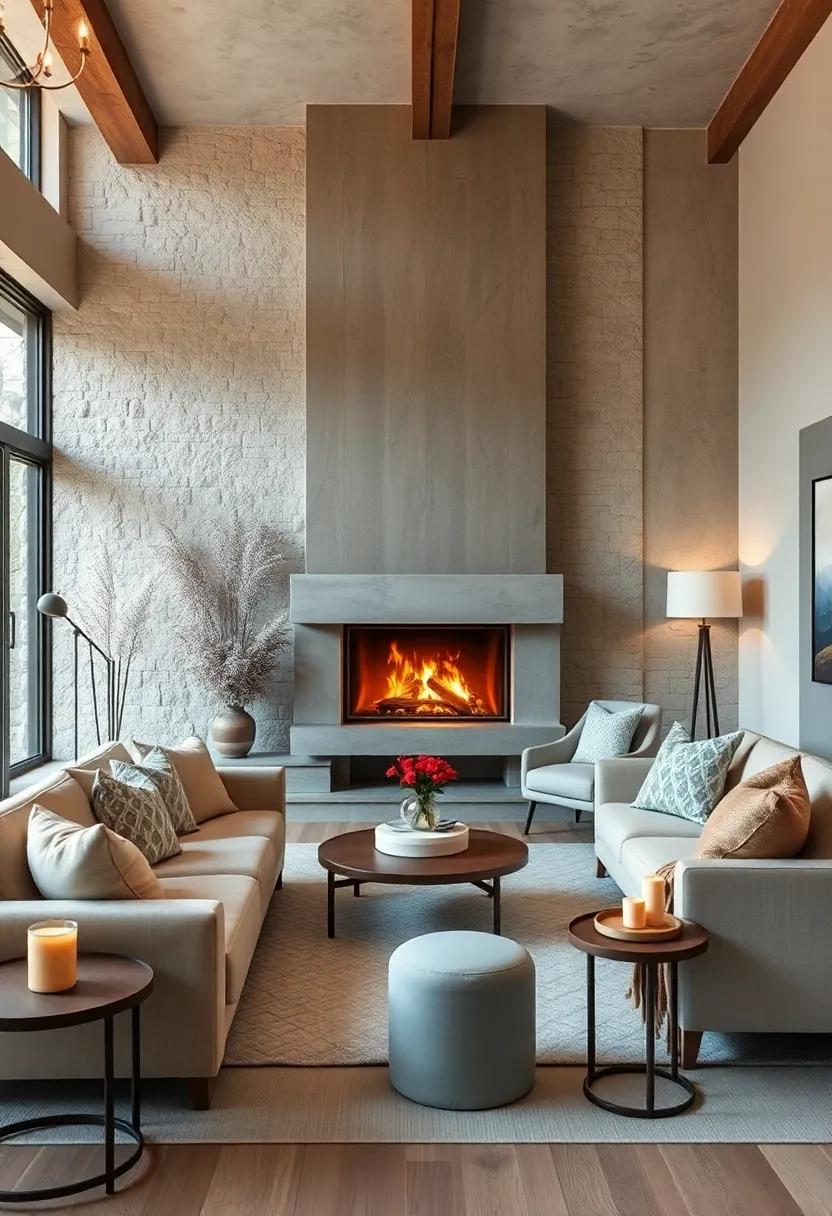Warm sand and Misty ‍Blue tones Set ⁣Against Cozy Fireplace Backdrops