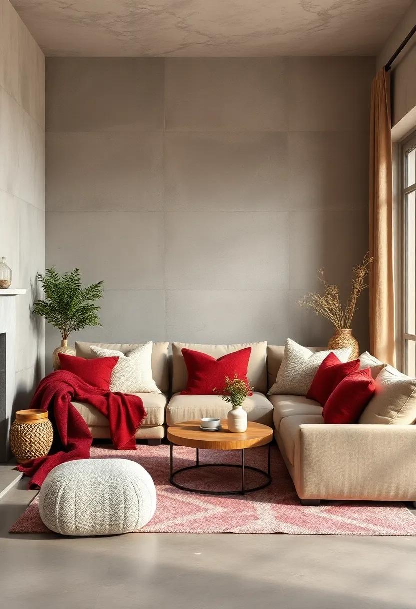 combining Oatmeal⁤ and Wine Red Shades Layered with⁣ Textured Throws and ⁢Cushions