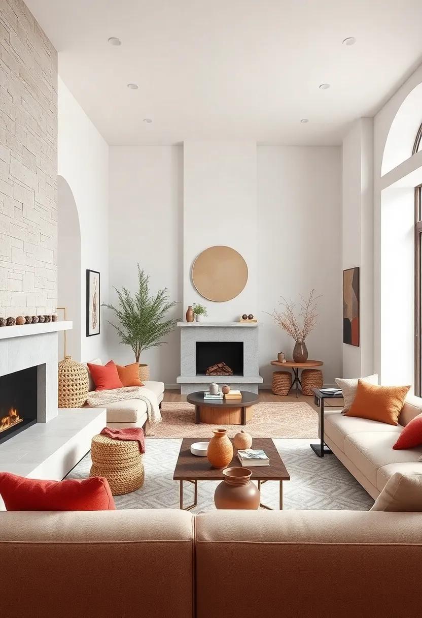 Snowy White Walls Enhanced by Coral ​and⁢ Terracotta Furnishings for a Seasonal Pop