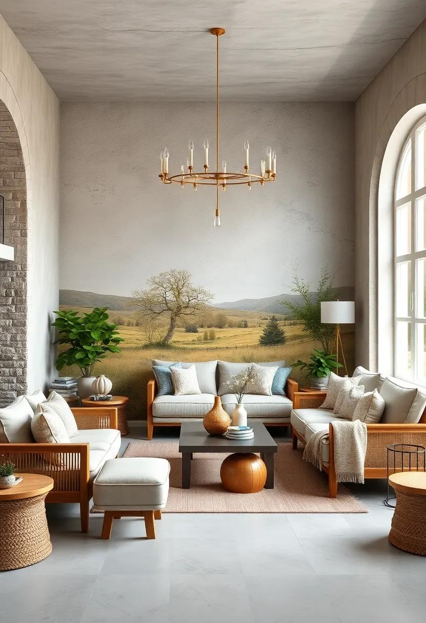Soft, faded farmhouse landscape murals or wall decals
