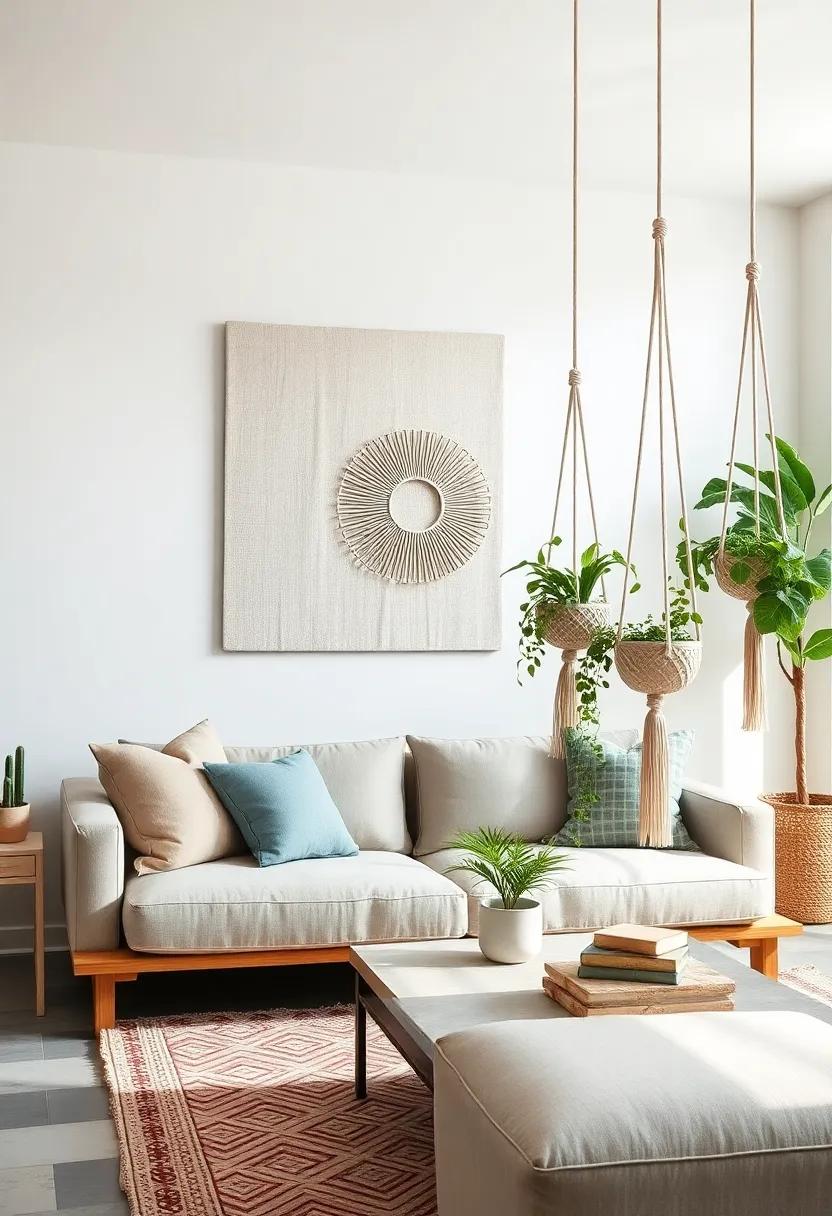 Macramé plant holders showcasing trailing greenery