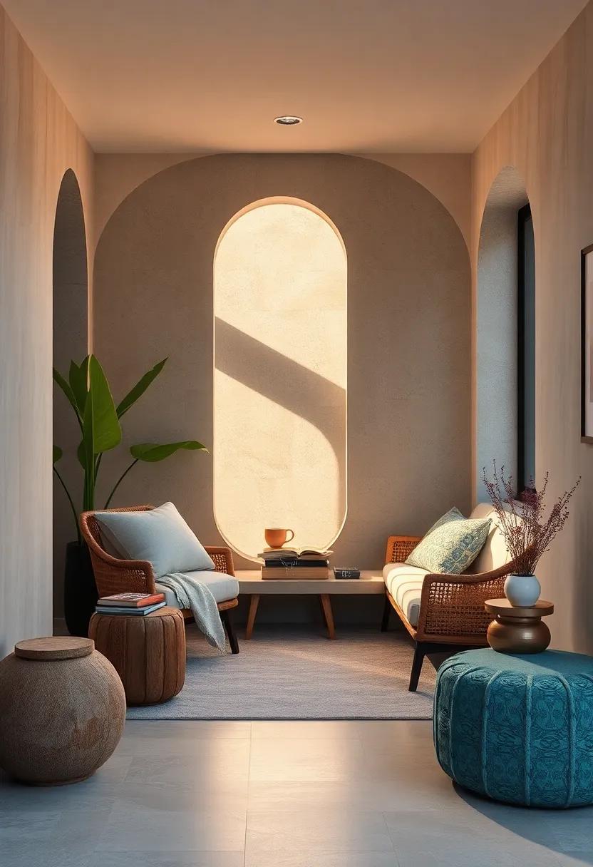 Morning ⁤Sunlight Casting ​Glowing Shadows Across a Modern Reading Alcove with Organic Shapes and Tones