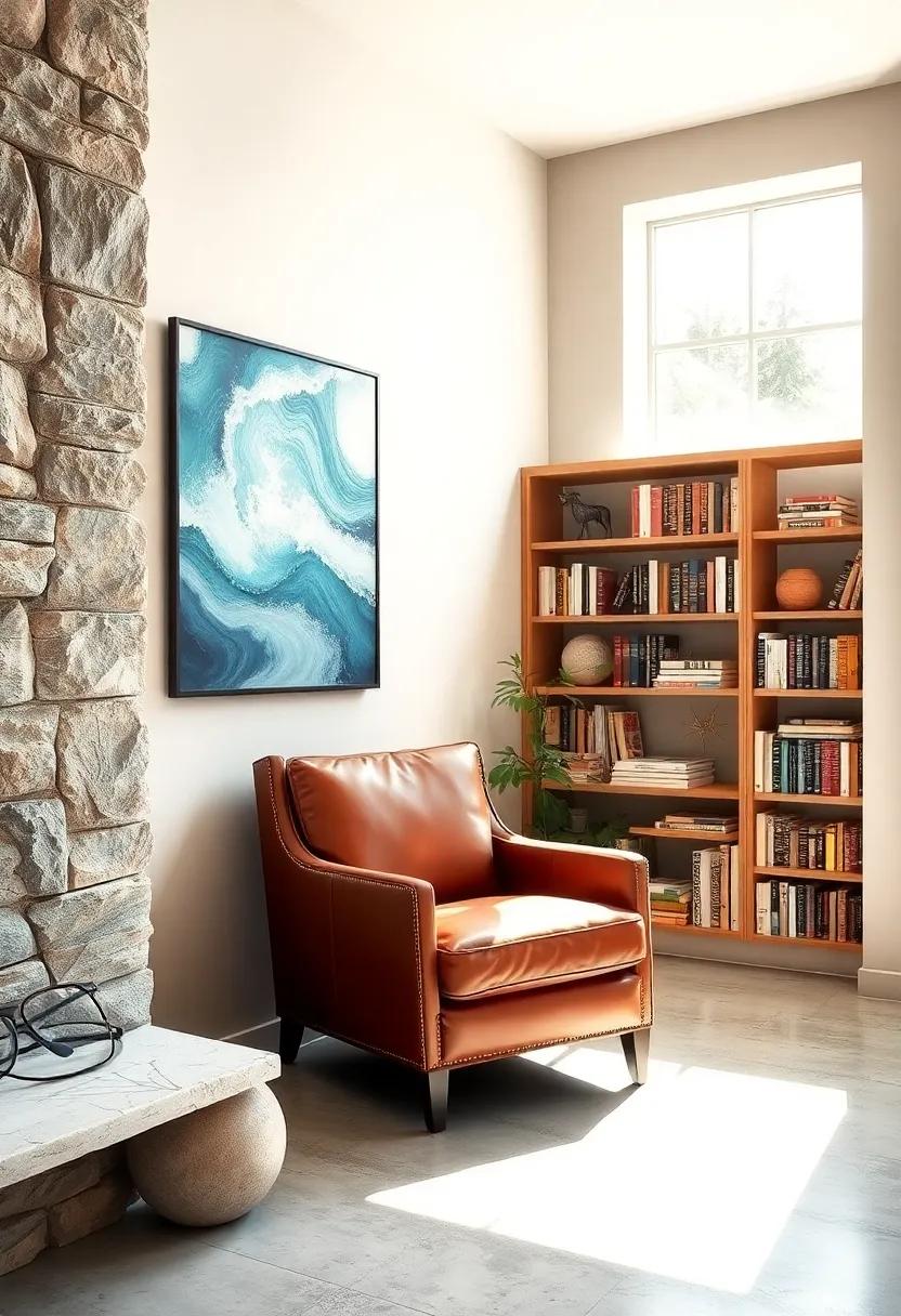 A Corner Bathed in ⁤Soft Afternoon ‍Light Showcasing a Classic leather ‌Chair⁣ and Narrow Bookshelves