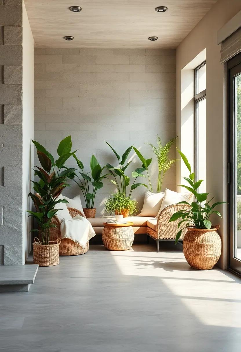Vibrant Indoor Greenery Thriving ‍in a Sunlit Reading Niche with Rustic Flooring ⁤and Woven Baskets