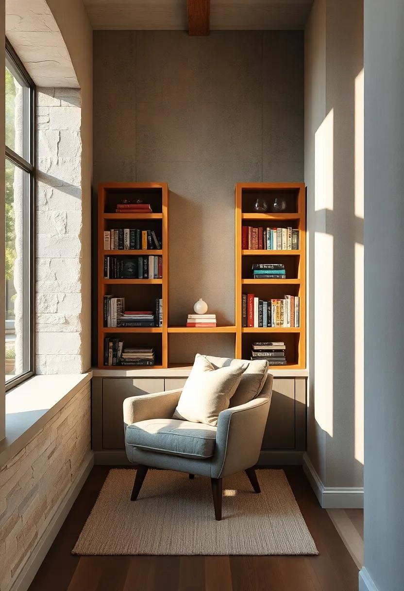 Sunlit Spaces Featuring Custom Built-In Bookshelves Nestled Around a Reclining Chair ​with Textured Fabrics