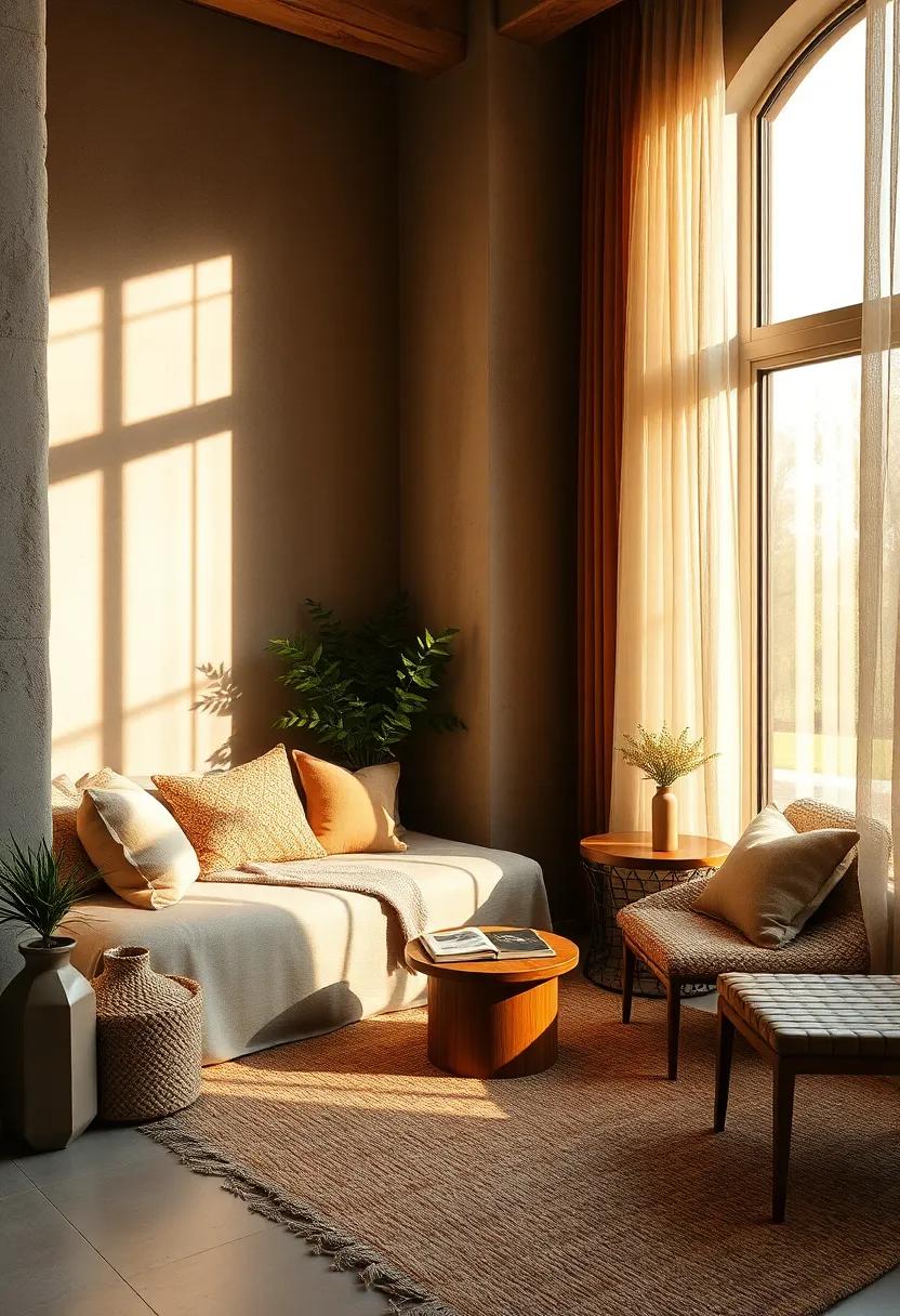 A Calm Reading Retreat Bathed ⁤in Warm Light with Layered Curtains and Natural Fiber Rugs ‍Creating Depth