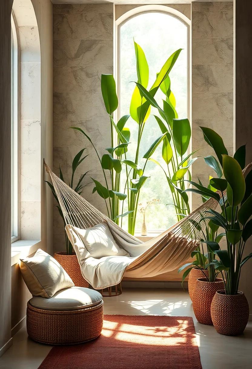 An Hammock Nestled Among Tall Indoor‍ Plants Bathing in Gentle Morning Sunlight