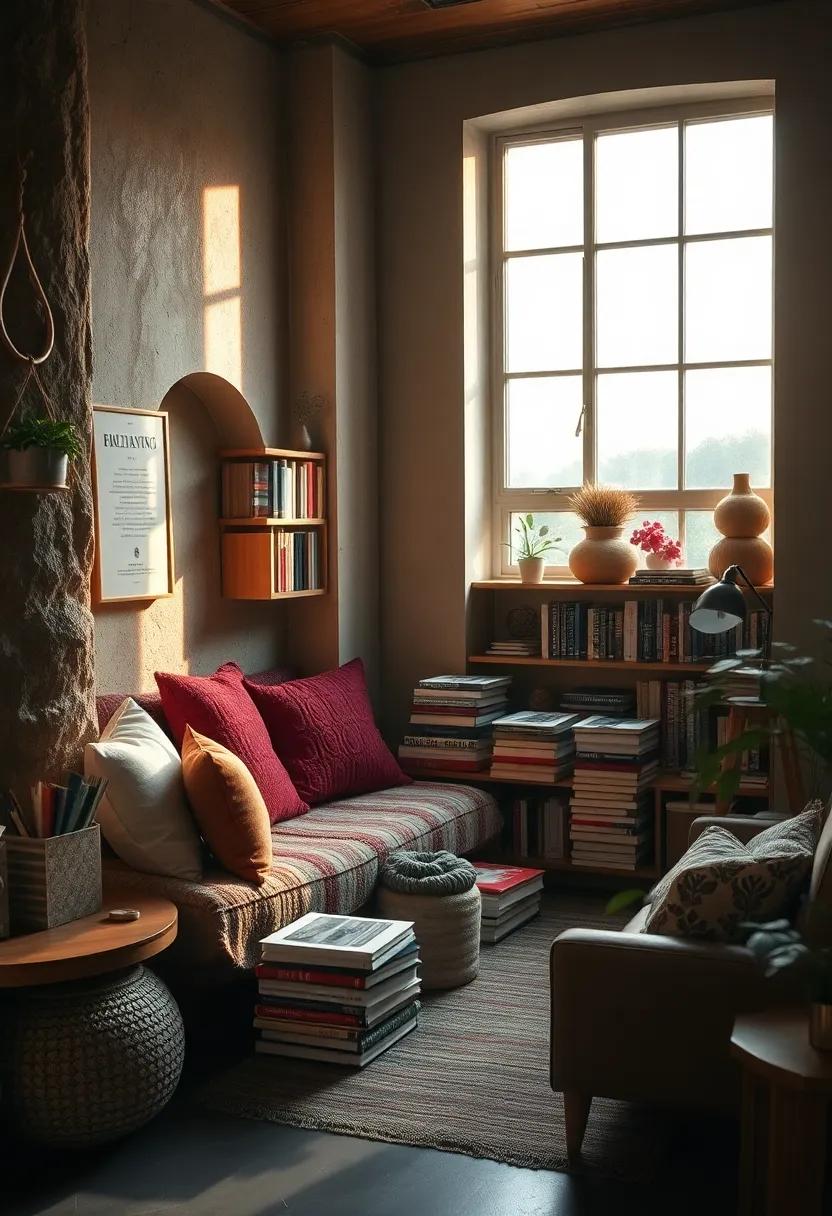 Golden Hour Light Pouring Over ⁢an Eclectic Mix of ‌Books and Crafts Creating a Creative Reading Sanctuary