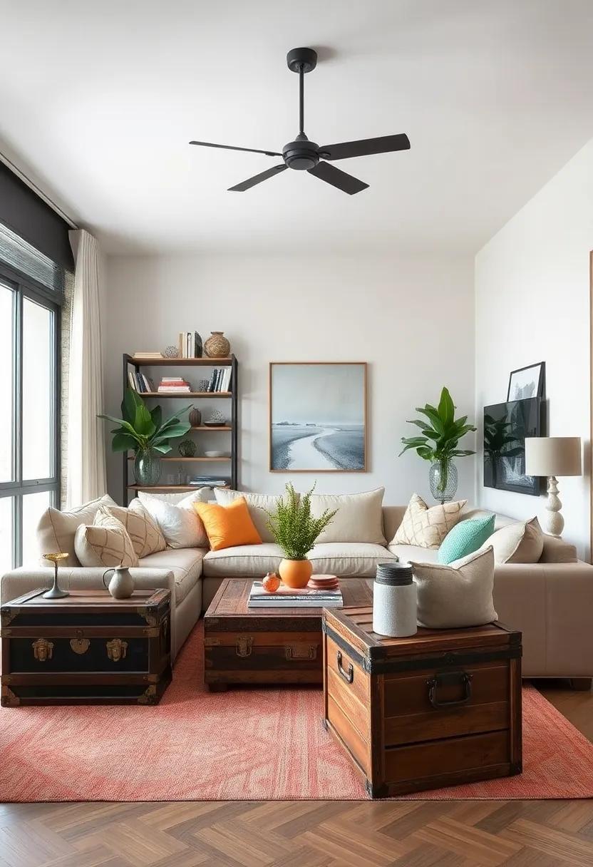 Use vintage trunks or crates for storage and as eclectic‌ coffee tables or seating options