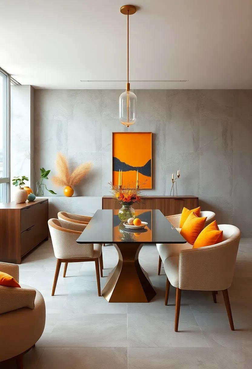 Bright Citrus Accents Against Neutral Backdrops creating Cheerful and Balanced Dining Areas