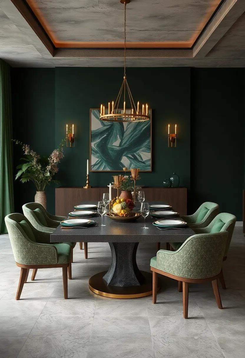 Deep Forest Greens coupled with Gold Details Presenting Luxurious and inviting dinner Settings