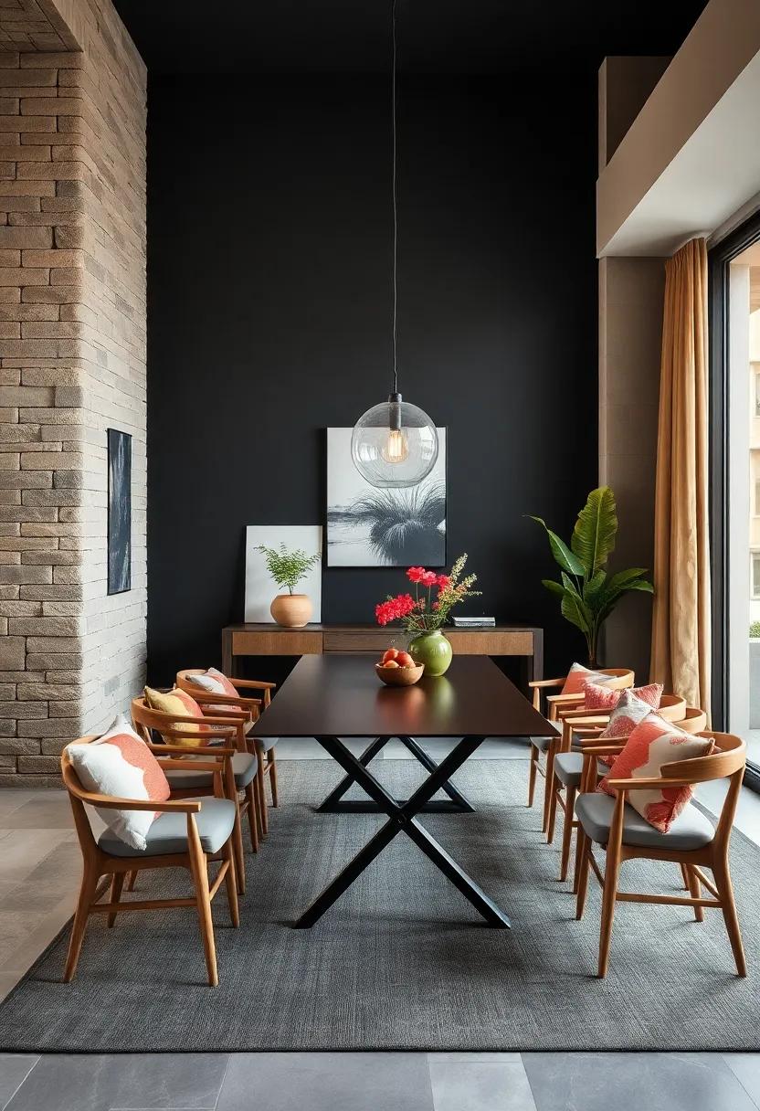 Deep Charcoal Walls with light Wood Furnishings for Urban Industrial dining Styles