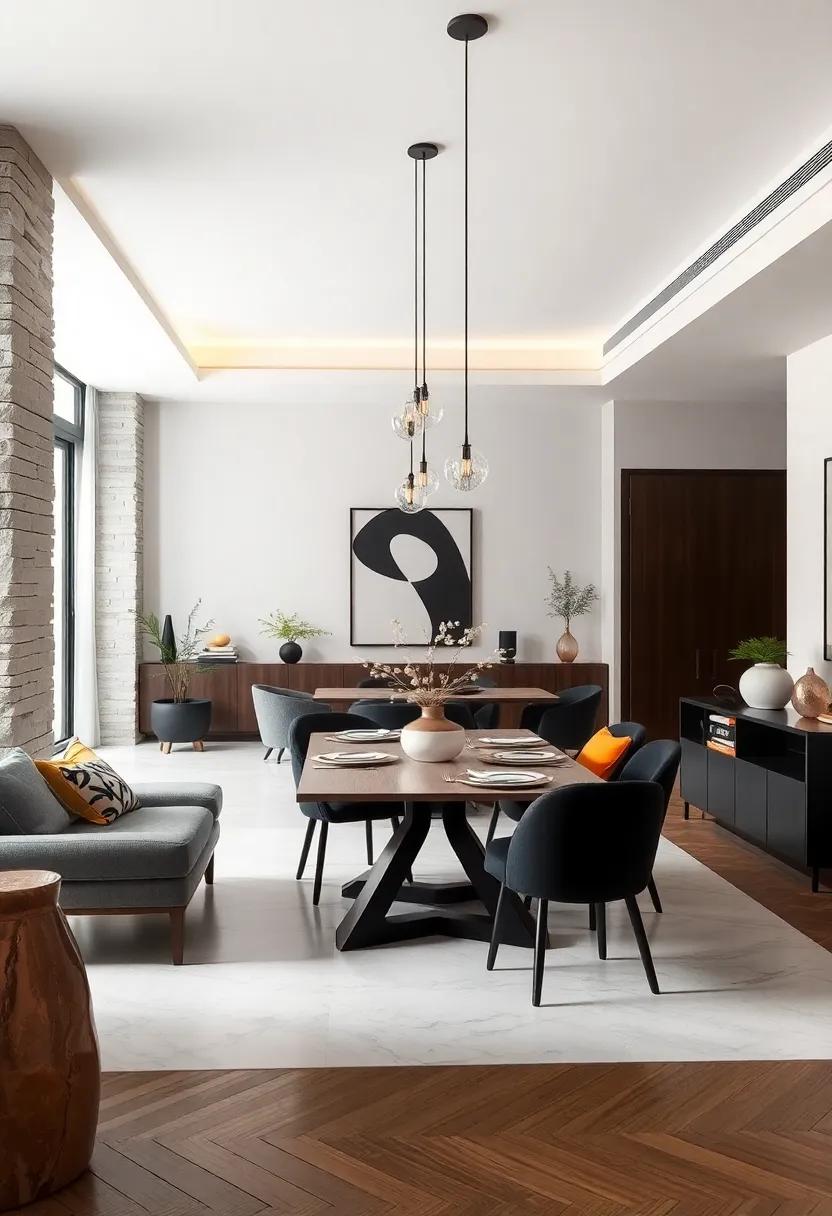 Dynamic Contrasts of Black and White Defining Modern Minimalist Elegance in Dining Areas