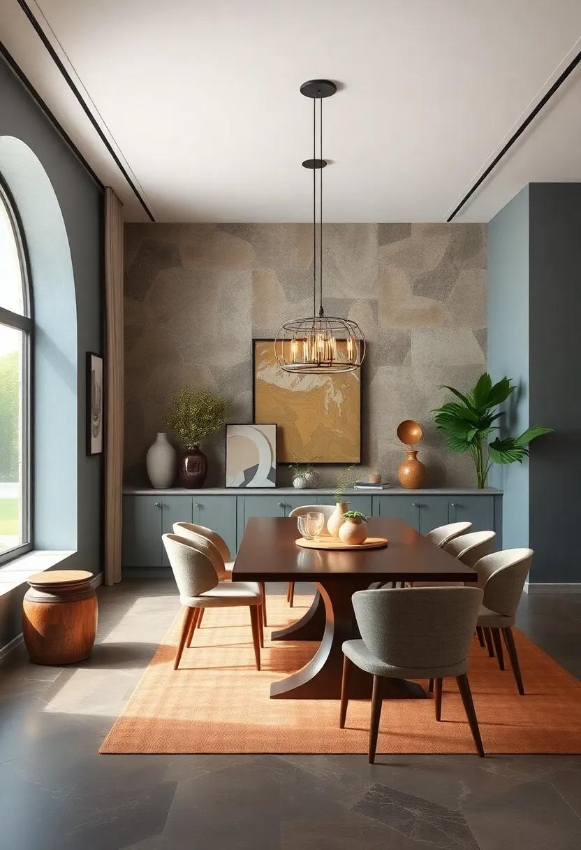 Muted Blues and soft Browns Offering Calming and Grounded Dining Room environments