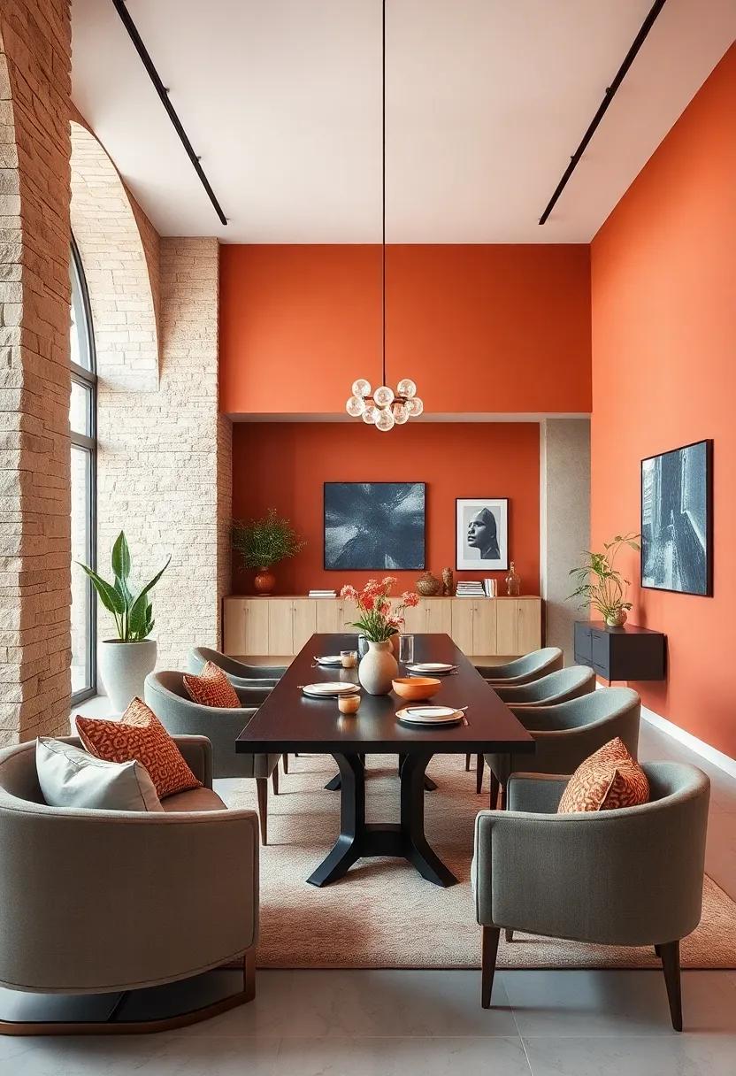 Warm Terracotta Walls Balanced with Cool Gray Furniture for Earthy Modern Dining experiences