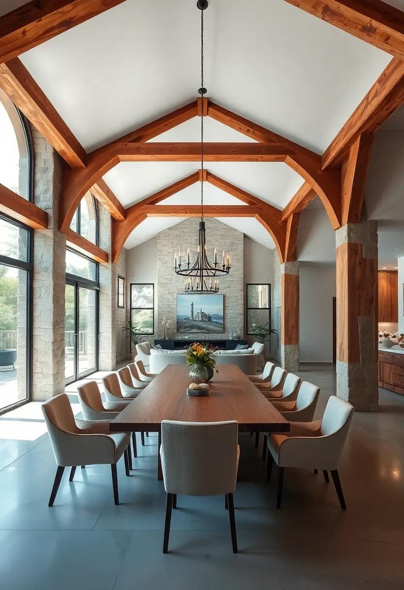 Bold, oversized beams​ crisscross a spacious dining room with floor-to-ceiling windows, the rustic‍ framing serving‌ as a perfect foil to airy, understated‌ décor