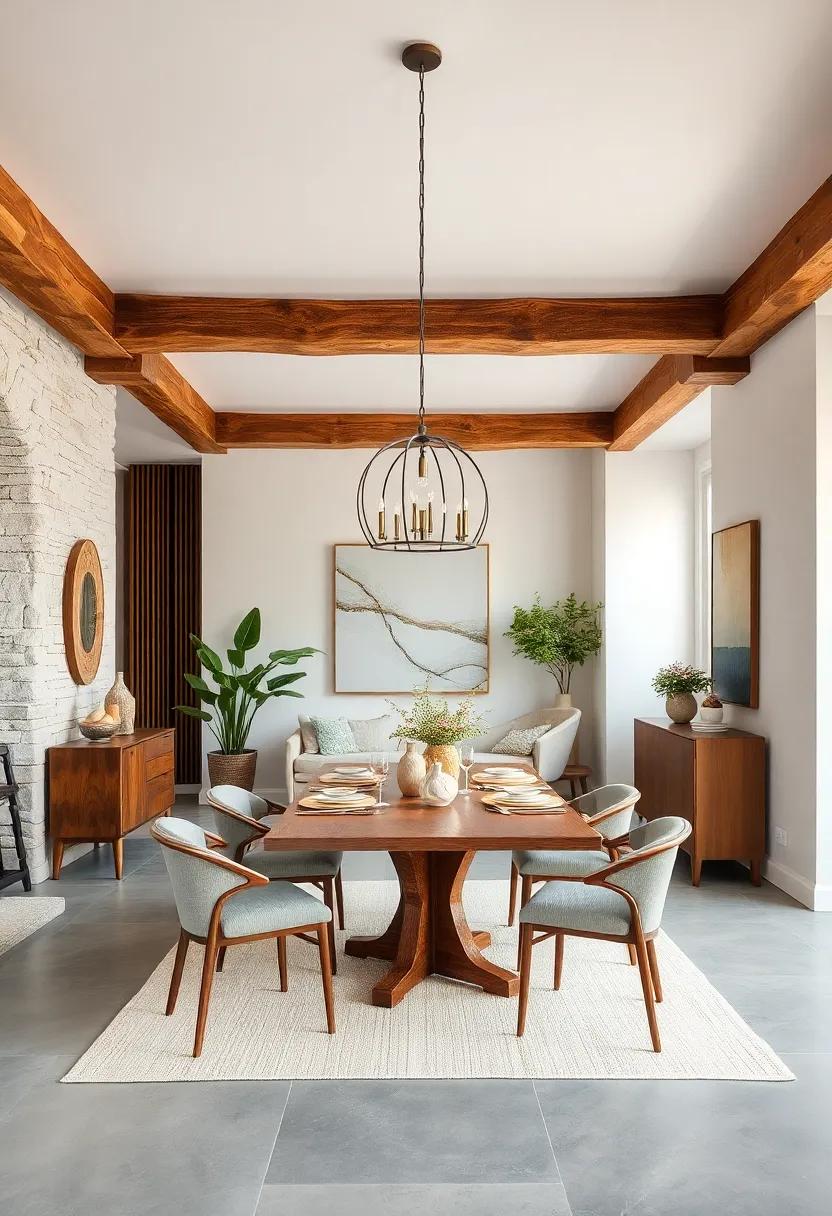Braided wooden beams above a‍ square dining table create architectural interest, ‌balanced by​ simple, elegant décor in light, earthy tones