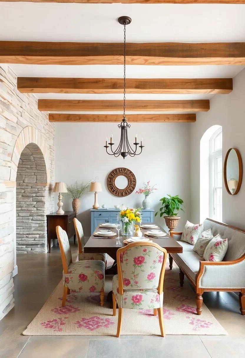 A charming ⁢cottage dining area with exposed, knotty pine⁣ beams blends floral patterns and⁣ vintage accessories⁣ to ‍evoke nostalgic rustic elegance