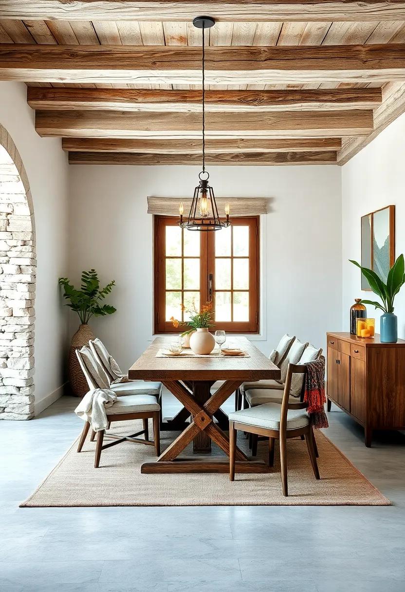 A cozy ‍dining nook ‍features whitewashed beams paired with a reclaimed​ wood table, soft​ textiles, and minimalist décor, merging old-world charm with modern simplicity