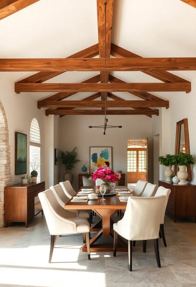 Cross beams cake the ceiling of a light-filled dining area where creamy walls ⁢and linen-covered chairs‍ soften the ⁢robust​ woodwork ⁤for an understated elegance