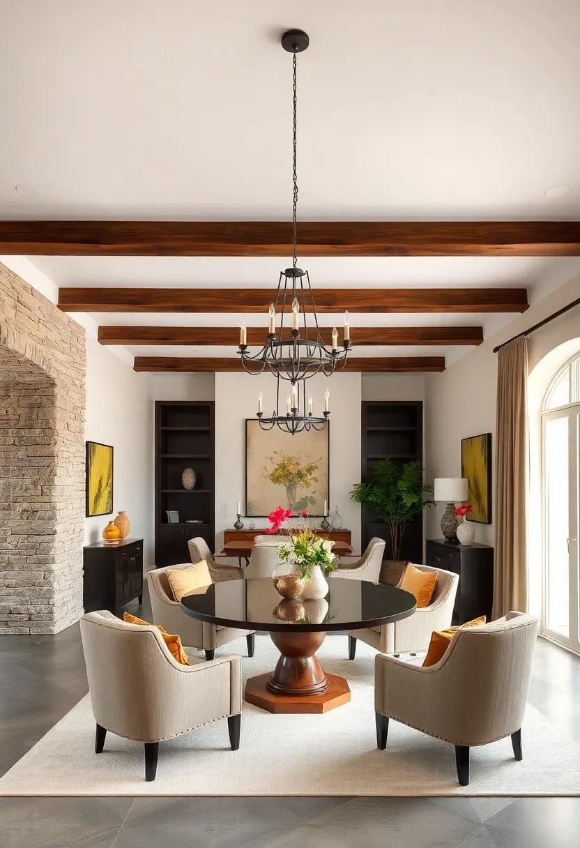 Dark-stained wooden beams intersect over a neutral-toned room, complementing ⁢plush upholstered chairs‌ and a statement chandelier for an inviting yet refined atmosphere