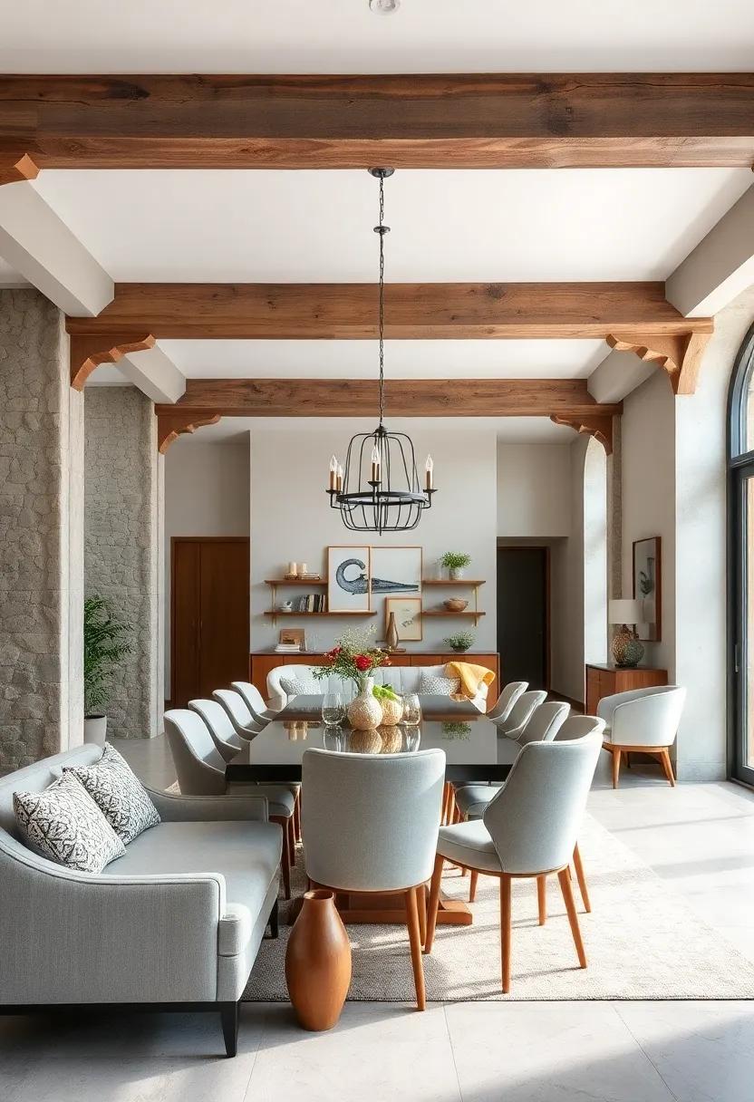 A ​dining room defined by heavy, structural beams painted​ in soft ‍gray tones pairs effortlessly with muted upholstery and ⁣glass elements ⁢for a modern ⁤rustic⁢ look