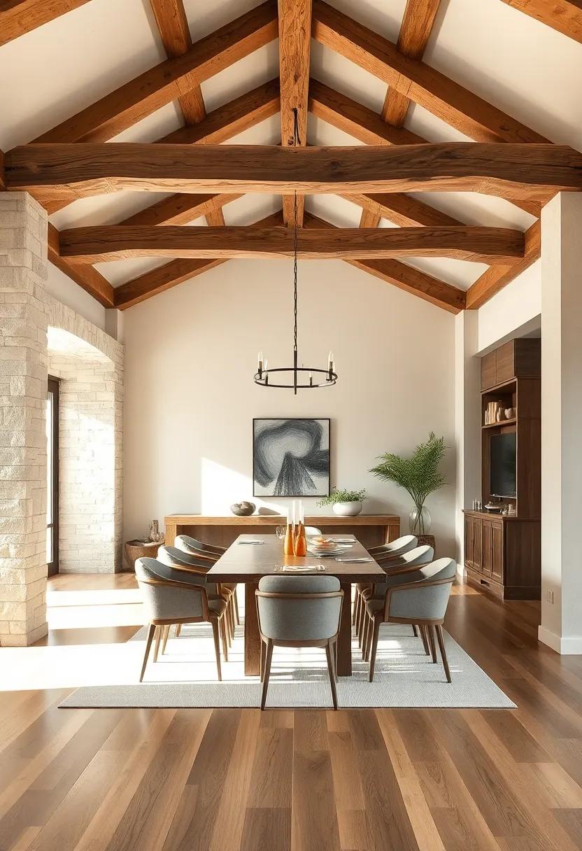 Exposed,⁢ rough-cut beams define ⁣the⁢ character‌ of a dining room⁢ bathed in natural light, paired with a neutral color palette and textured ⁤fabrics for cozy sophistication