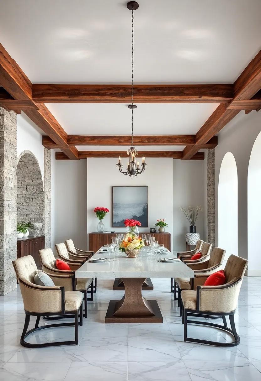A formal dining space boasts heavily textured beams that contrast ⁣with polished ‍marble floors and crystal glassware, illustrating the​ perfect balance between ⁤rugged and regal
