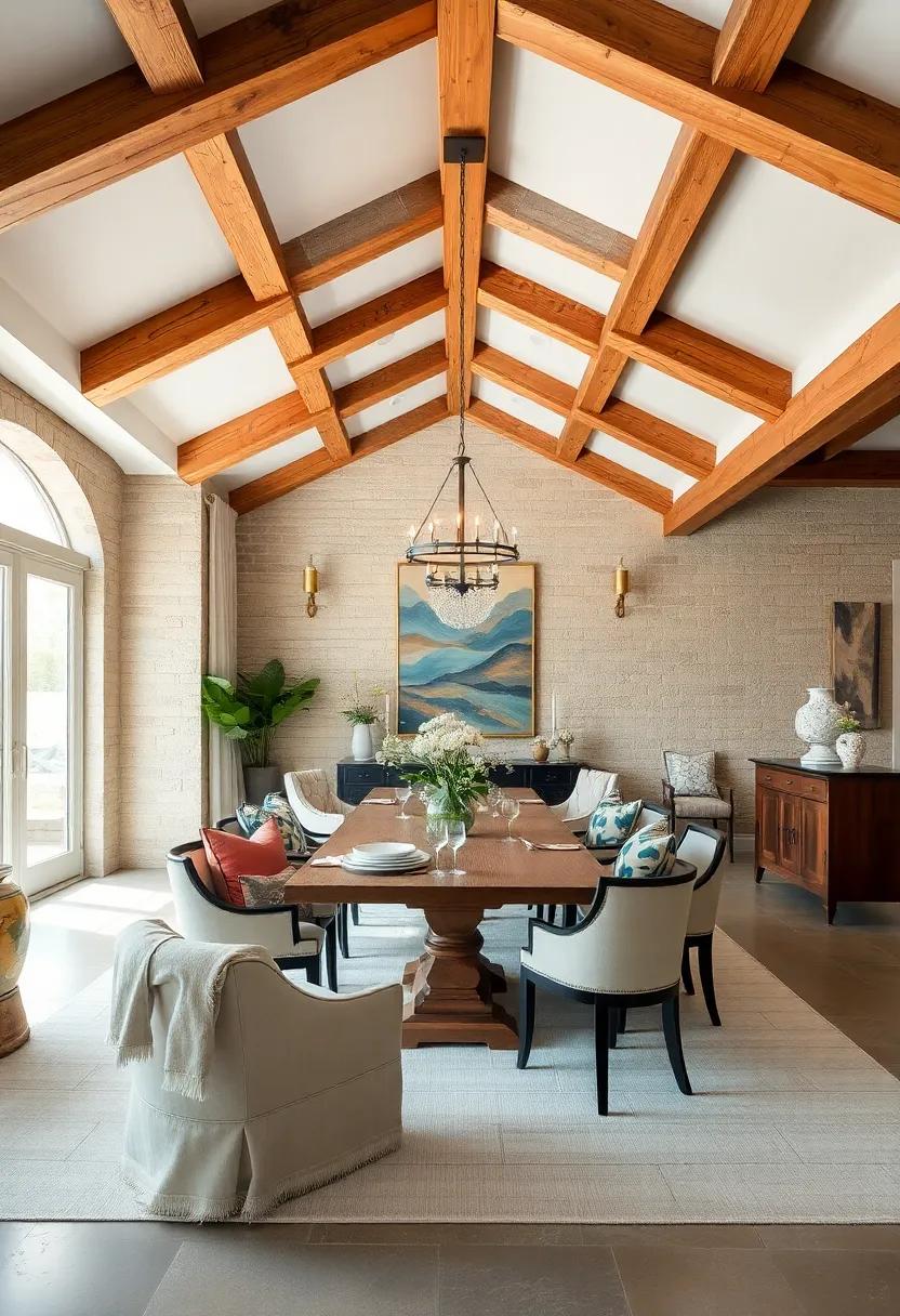 Hand-hewn beams in a honey ‌finish gracefully ​outline a dining room filled with antique accents and⁤ contemporary artwork, seamlessly ‌fusing tradition and trend