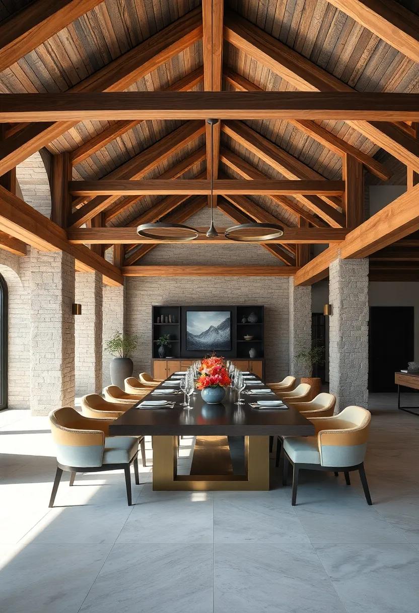 A long,banquet-style​ dining⁢ table rests ⁢beneath grand,vaulted wooden beams,enriched ​with metallic accents and muted colors,to⁣ create a sophisticated rustic vibe