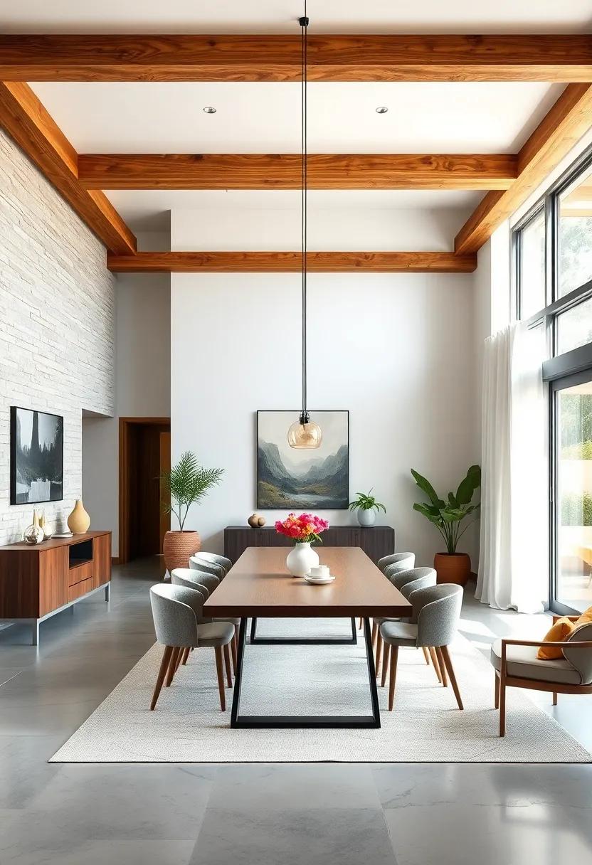 A minimalist dining room framed with sleek, refined wooden ‍beams showcases a blend of​ rustic form⁣ and​ functional modern ‌design through clean ⁣lines and natural textures