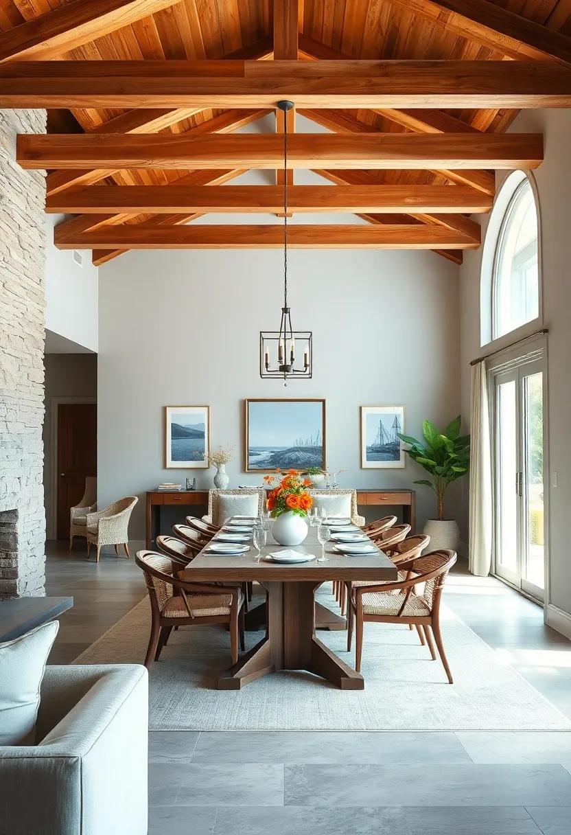 Natural cedar‌ beams highlight a⁤ coastal-inspired​ dining space where breezy fabrics and‍ light wood furnishings reinforce a relaxed yet sophisticated ambiance