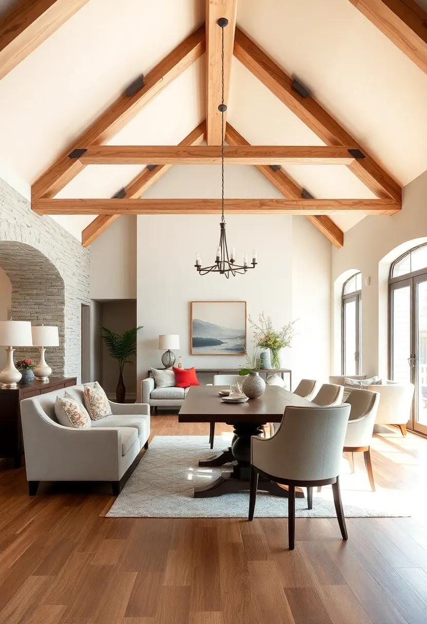 A refined dining ​lounge showcases slender,lightly ⁤stained ‌beams‍ mounted ⁤against a‌ vaulted ceiling,harmonizing with‌ soft,elegant furnishings ⁣and polished ⁢wooden floors