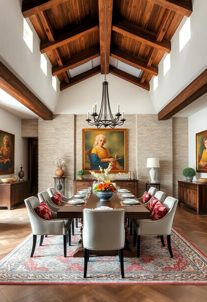 Rich, walnut beams adorn a formal dining space⁣ that ⁣combines classic art pieces ⁣and ‌luxurious textiles, delivering ⁢a striking​ synthesis of rustic charm⁣ and​ refined‌ elegance