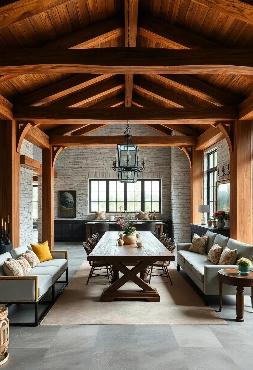 Rustic oak beams ⁣frame a ‌spacious dining area adorned with a grand farmhouse table ​and vintage light fixtures, bringing warmth and character to the space