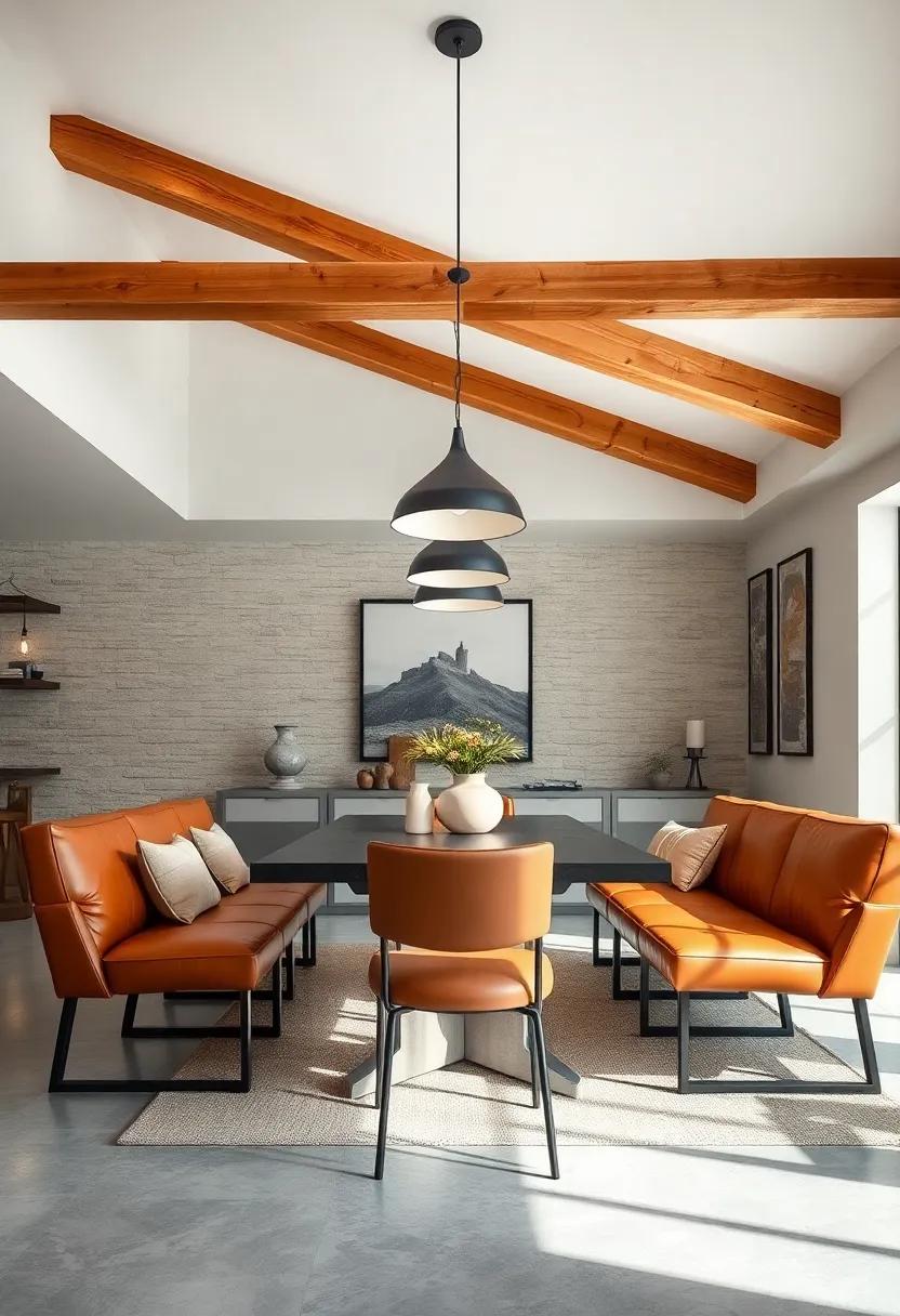 Rustic pine beams intersect ‍above a⁢ sleek dining setting enhanced by leather seating and⁤ minimalist ⁤pendant lighting, blending farmhouse‍ roots​ with urban⁤ chic