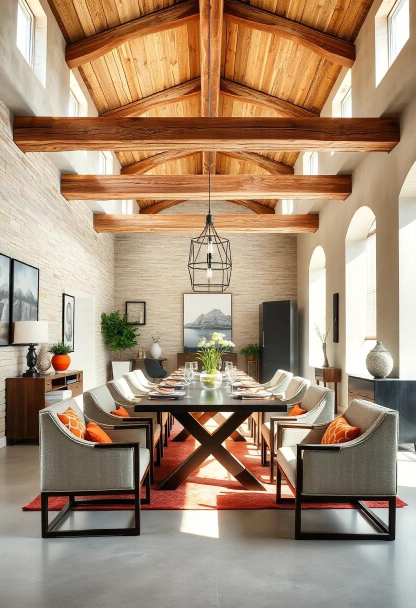 A‌ sunlit​ dining ⁤room⁣ where exposed, weathered⁢ wooden​ beams contrast beautifully with sleek modern ​furniture, creating ‌a harmonious⁢ blend of ​rustic charm ‍and contemporary elegance
