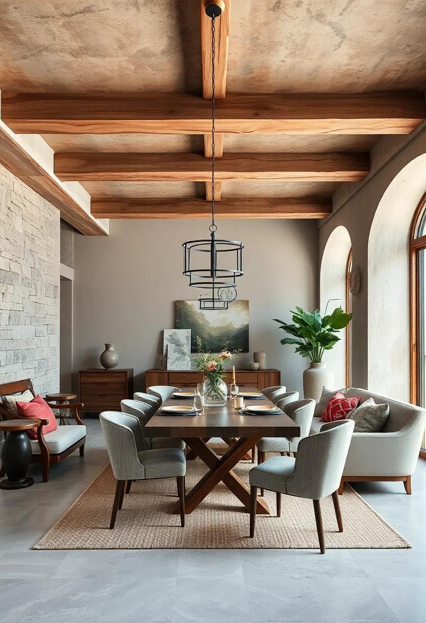 Thinner, distressed beams ‌outline an‍ intimate dining space ⁤with⁤ rich textiles and aged⁢ wooden accents, striking a balance between‌ rusticity and warmth