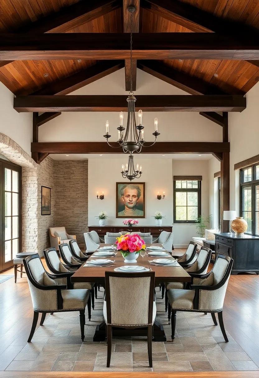 A traditional ⁢dining room is enhanced⁣ by dark⁢ mahogany beams interspersed with ‌vintage chandeliers​ and classic furniture, creating‌ timeless‍ rustic grandeur
