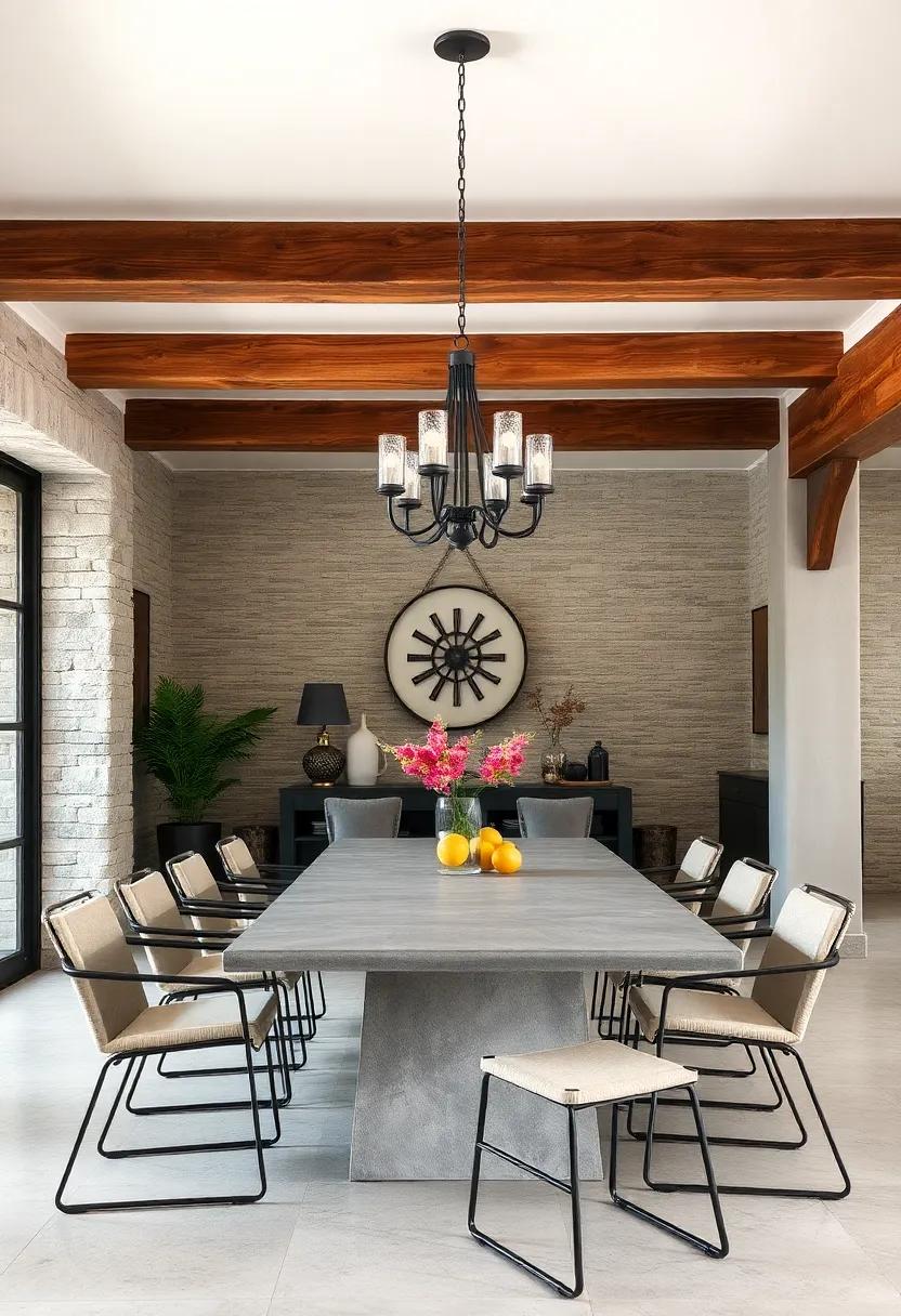 Weathered barn​ beams complement ⁤a modern industrial ​dining ⁢space​ featuring⁢ metal-framed chairs and a concrete tabletop,⁢ adding ⁤warmth and depth⁤ to the design