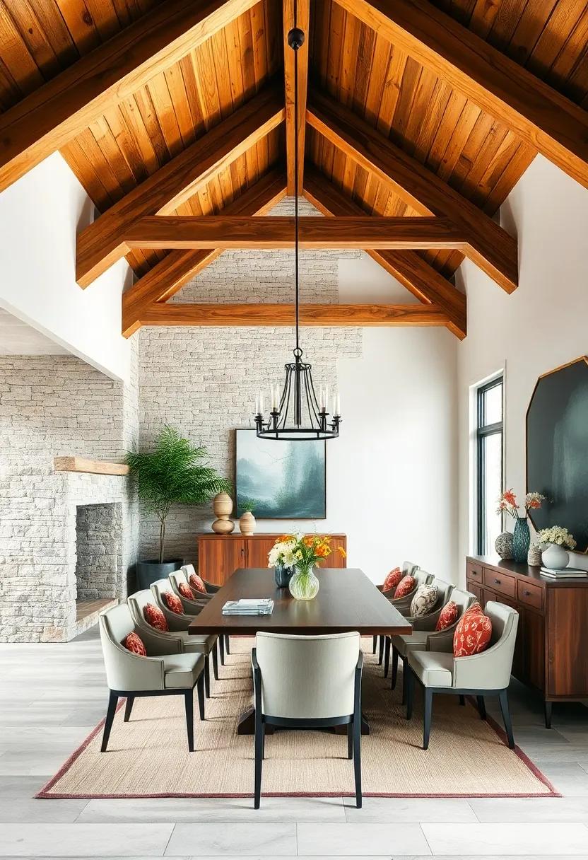 Wide cedar beams soar​ above a dining room ⁢designed with natural stone walls and a handcrafted wooden⁤ buffet, evoking the spirit of⁢ rustic elegance