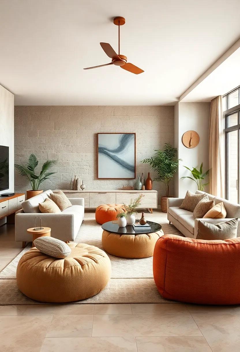 Use Sand-Colored Poufs for Versatile,Cozy seating Options