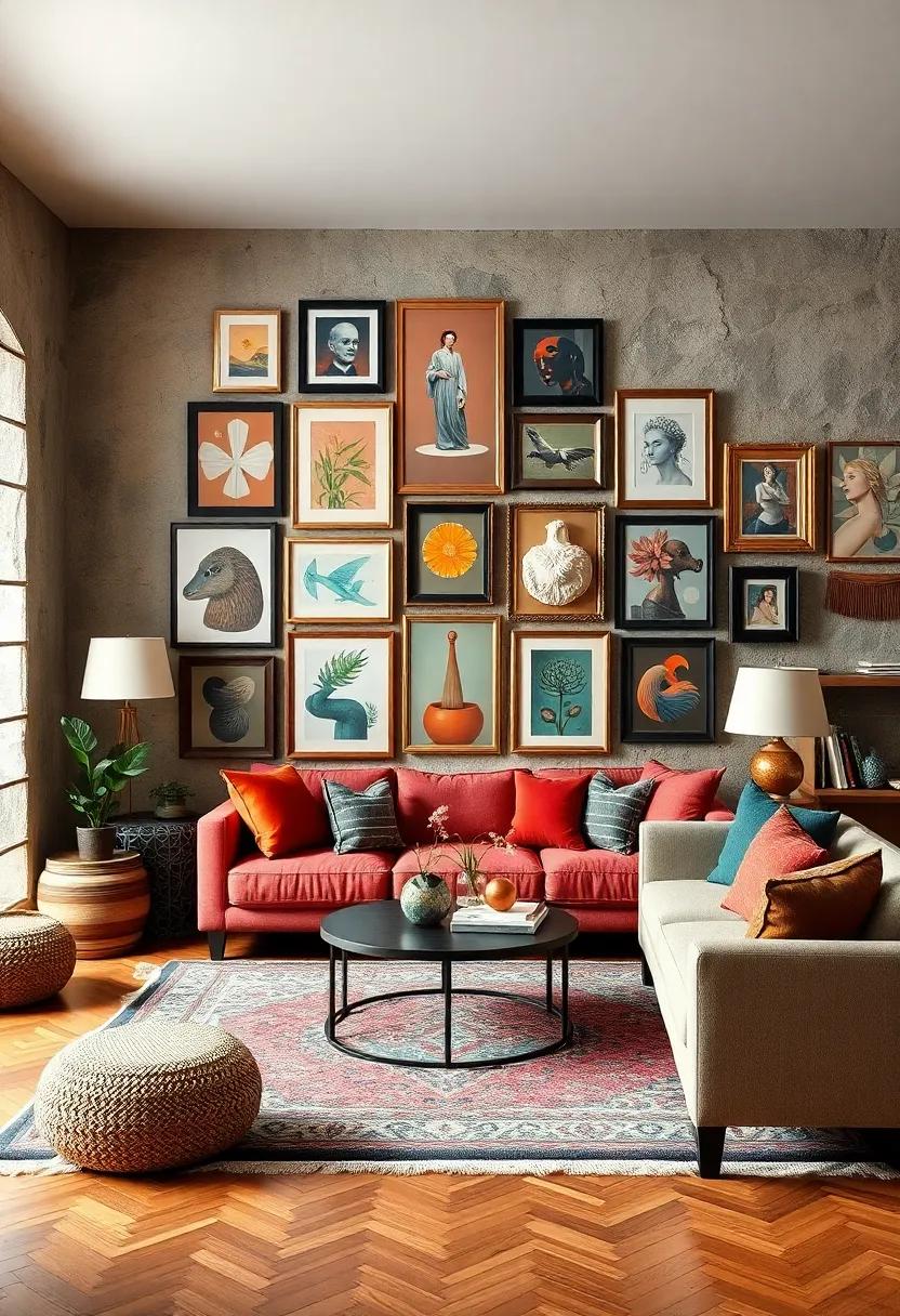 hang a gallery wall featuring an array‍ of art‌ styles and frames for visual interest