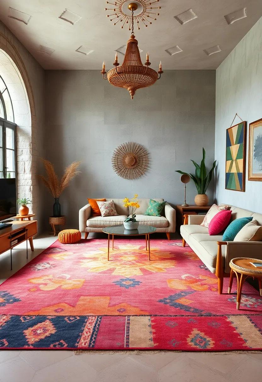 Select a statement rug that⁤ blends multiple colors and ⁣patterns ⁤as ‌a room ‍anchor