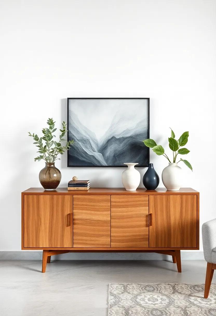 Mid-Century Modern Console⁢ Table Featuring Sleek wooden Finishes and Retro ceramic Vases
