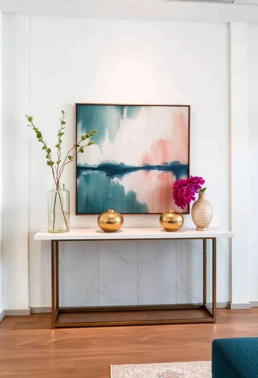 Modern Console ‌Table Display With Metallic Accents Glass Sculptures​ And Abstract Art Pieces