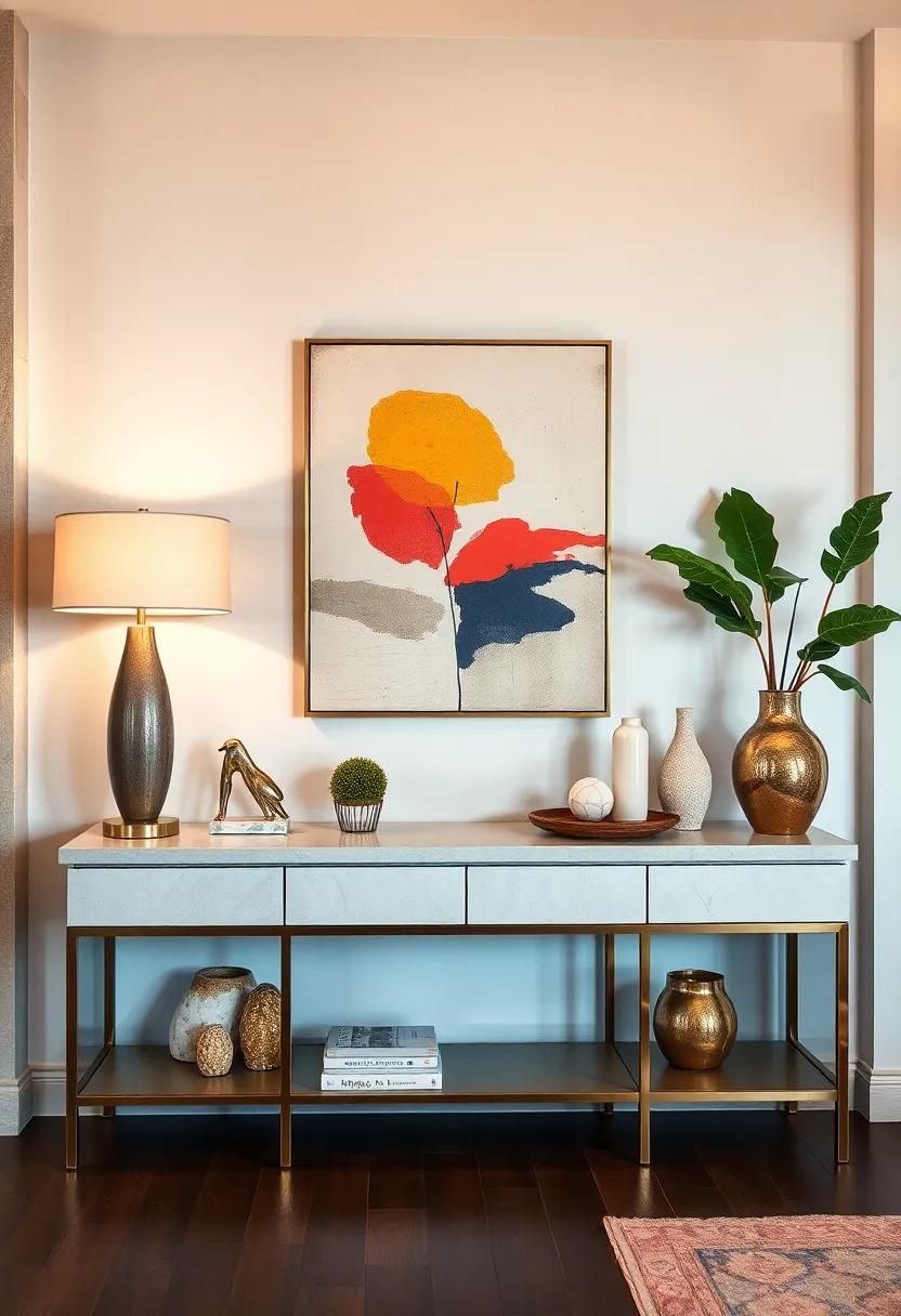 Console Table Featuring ⁤Artistic Statement Lamps Bold Abstract Paintings ​And ⁤Sculptural Elements