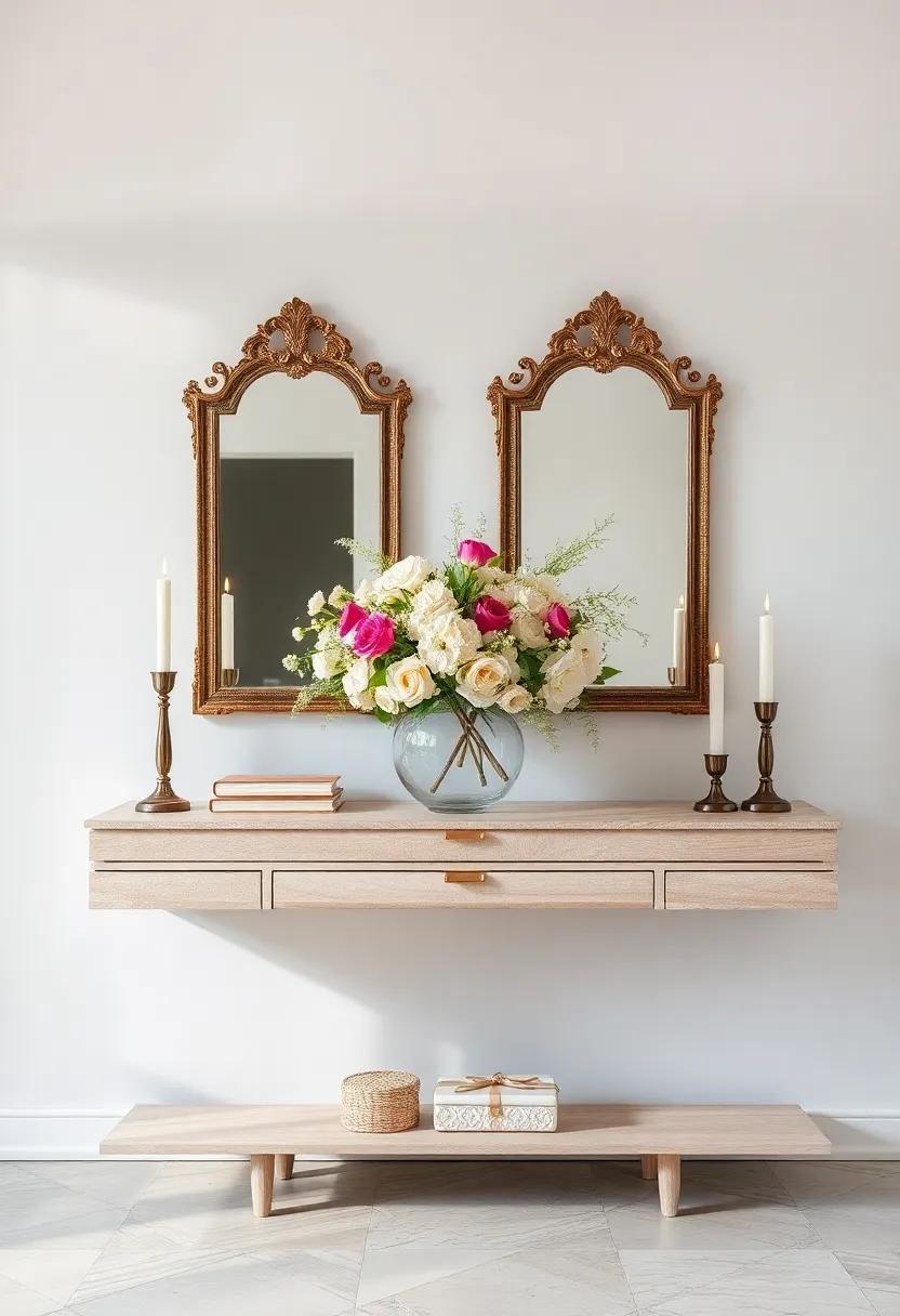elegant Console Table⁢ Presentation With Silk ​Flowers Antique‌ Mirrors And Romantic Candle Holders